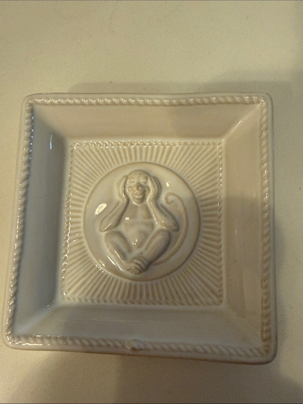 Juliska Cream Ceramic Square Dish with Monkey Medallion- Hear No Evil